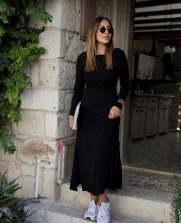 Kadın Uzun Kollu Bisiklet Yaka Arkası çapraz Detaylı Viskon Iki Iplik Maxi Elbise - ANGELINO BuyukBedeniz