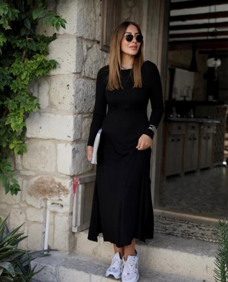 Kadın Uzun Kollu Bisiklet Yaka Arkası çapraz Detaylı Viskon Iki Iplik Maxi Elbise - 1