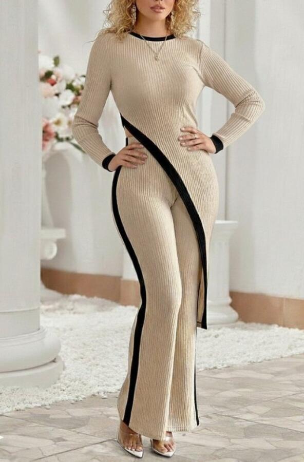 Kadın Uzun Kollu Bisiklet Yaka Asimetrik Kesim Bluz şardonlu Kaşkorse Bluz Ve Pantolon Ikili Takım - 4