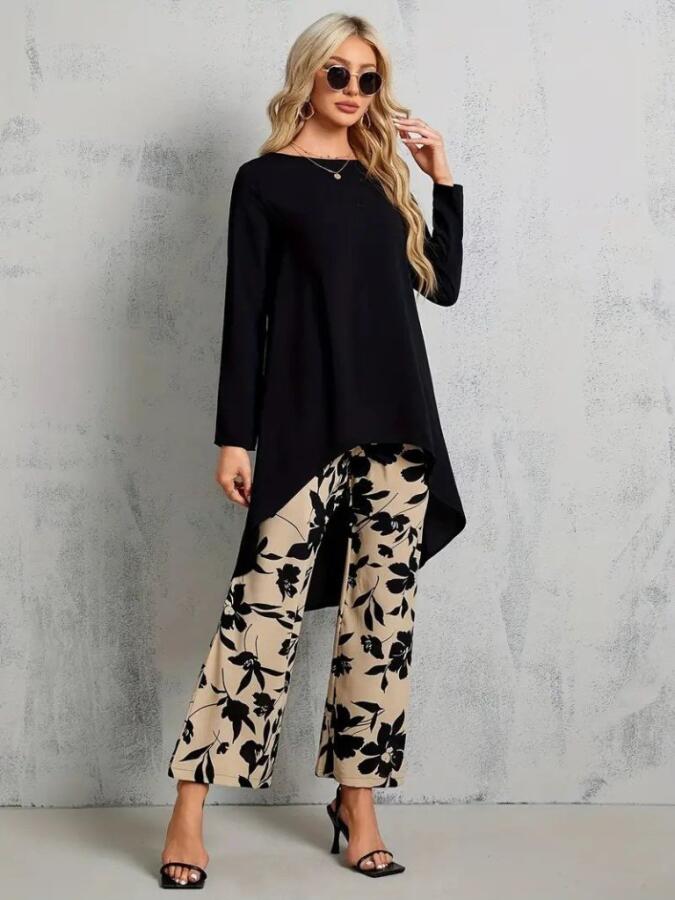 Kadın Uzun Kollu Bisiklet Yaka Asimetrik Kesim Detaylı Viskon Bluz Ve çiçek Desenli Iki Iplik Pantolon - 4