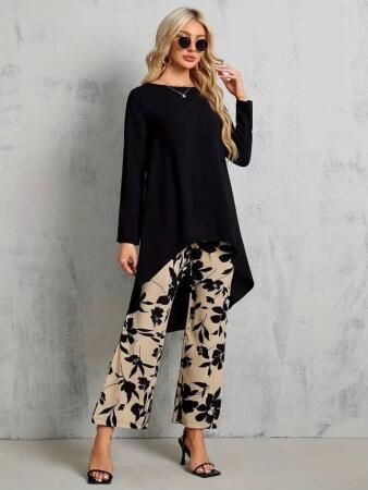 Kadın Uzun Kollu Bisiklet Yaka Asimetrik Kesim Detaylı Viskon Bluz Ve çiçek Desenli Iki Iplik Pantolon - 4