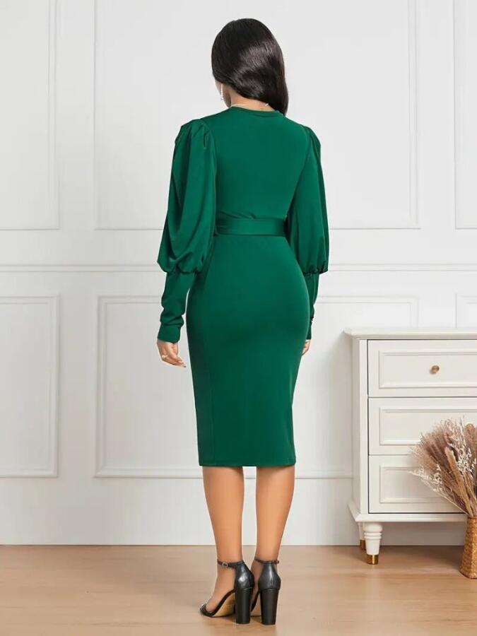 Kadın Uzun Kollu Bisiklet Yaka Beli Kuşaklı Ithal Krep Midi Elbise - 4