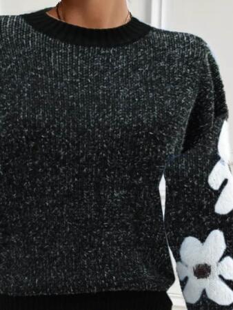 Kadın Uzun Kollu Bisiklet Yaka çiçek Desenli Triko Bluz - 2