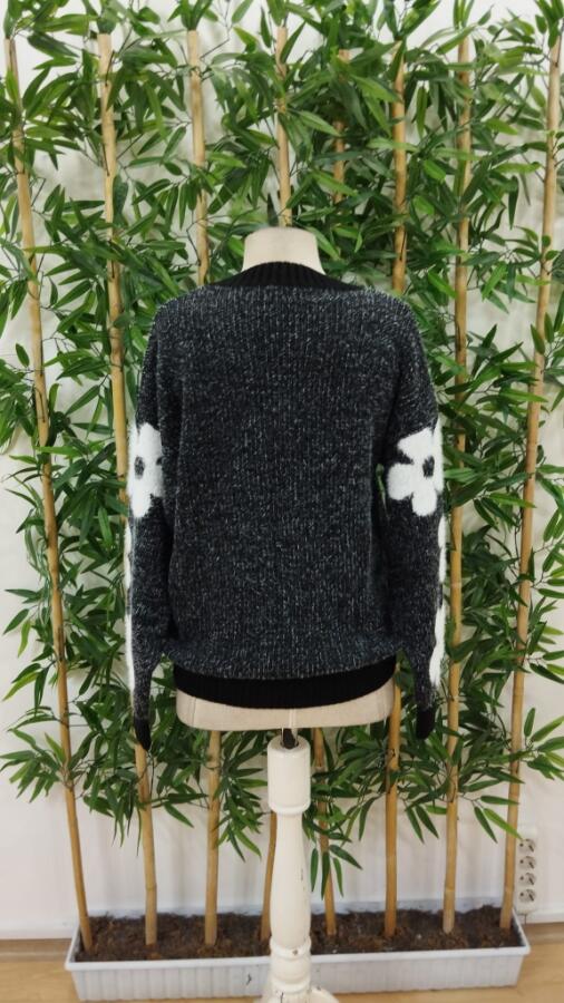 Kadın Uzun Kollu Bisiklet Yaka çiçek Desenli Triko Bluz - 6