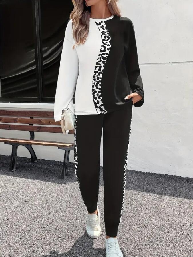 Kadın Uzun Kollu Bisiklet Yaka çift Renkli Viskon Iki Iplik Bluz Ve Pantolon Ikili Takım - 2