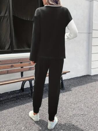 Kadın Uzun Kollu Bisiklet Yaka çift Renkli Viskon Iki Iplik Bluz Ve Pantolon Ikili Takım - 4