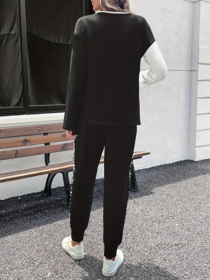 Kadın Uzun Kollu Bisiklet Yaka çift Renkli Viskon Iki Iplik Bluz Ve Pantolon Ikili Takım - 4