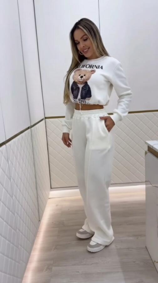 Kadın Uzun Kollu Bisiklet Yaka Desenli Iki Iplik şardonlu Bluz Ve Pantolon Ikili Takım - 1