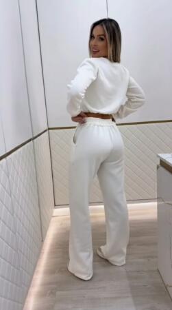 Kadın Uzun Kollu Bisiklet Yaka Desenli Iki Iplik şardonlu Bluz Ve Pantolon Ikili Takım - 2
