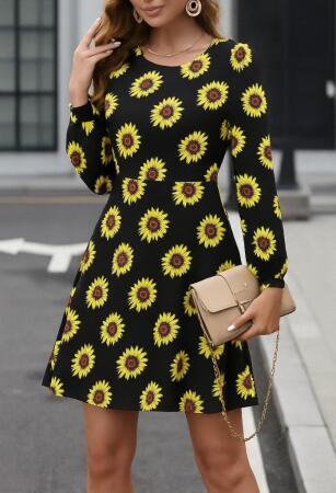 Kadın Uzun Kollu Bisiklet Yaka Desenli Kısa Krep Elbise - 1