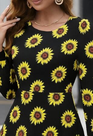 Kadın Uzun Kollu Bisiklet Yaka Desenli Kısa Krep Elbise - 2