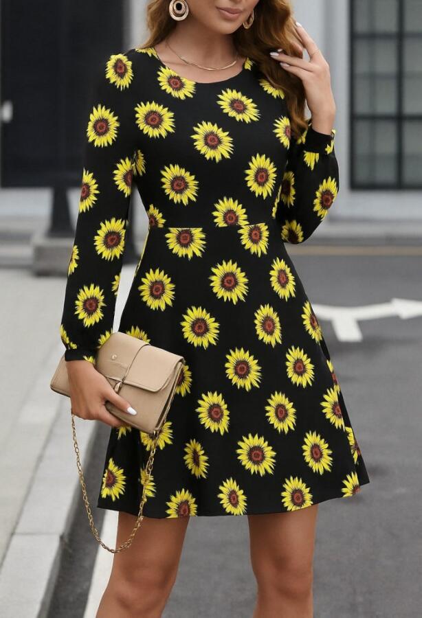 Kadın Uzun Kollu Bisiklet Yaka Desenli Kısa Krep Elbise - 3