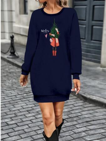 Kadın Uzun Kollu Bisiklet Yaka Desenli Kısa Viskon Iki Iplik Elbise - ANGELINO BuyukBedeniz