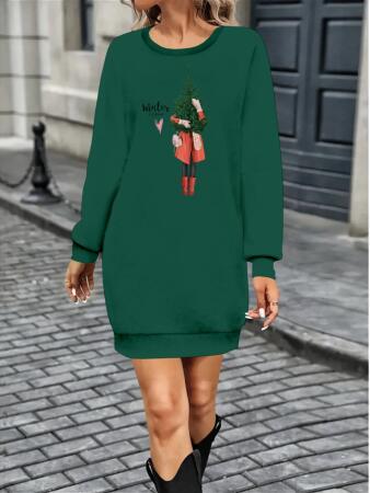 Kadın Uzun Kollu Bisiklet Yaka Desenli Kısa Viskon Iki Iplik Elbise - ANGELINO BuyukBedeniz