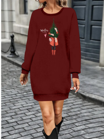 Kadın Uzun Kollu Bisiklet Yaka Desenli Kısa Viskon Iki Iplik Elbise - ANGELINO BuyukBedeniz