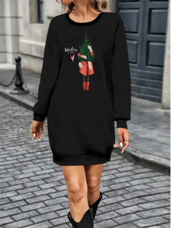 Kadın Uzun Kollu Bisiklet Yaka Desenli Kısa Viskon Iki Iplik Elbise - ANGELINO BuyukBedeniz