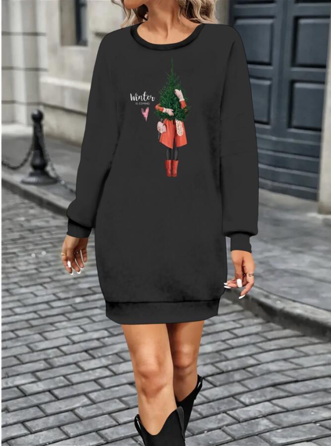 Kadın Uzun Kollu Bisiklet Yaka Desenli Kısa Viskon Iki Iplik Elbise - 1