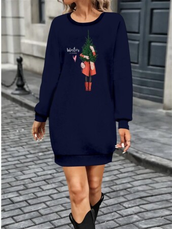 Kadın Uzun Kollu Bisiklet Yaka Desenli Kısa Viskon Iki Iplik Elbise - ANGELINO BuyukBedeniz