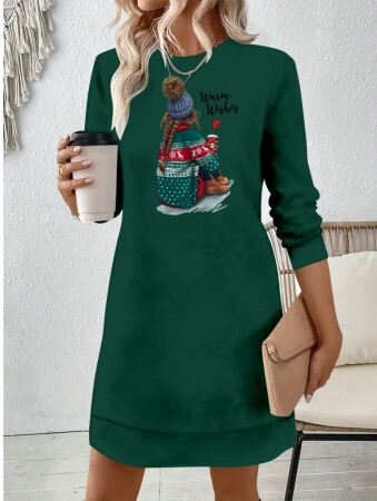 Kadın Uzun Kollu Bisiklet Yaka Desenli Viskon Iki Iplik Elbise - ANGELINO BuyukBedeniz