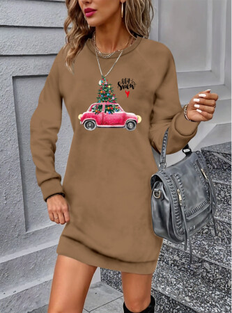 Kadın Uzun Kollu Bisiklet Yaka Desenli Viskon Iki Iplik Elbise - ANGELINO BuyukBedeniz