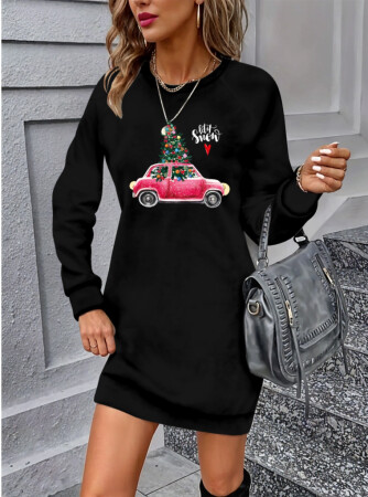 Kadın Uzun Kollu Bisiklet Yaka Desenli Viskon Iki Iplik Elbise - ANGELINO BuyukBedeniz