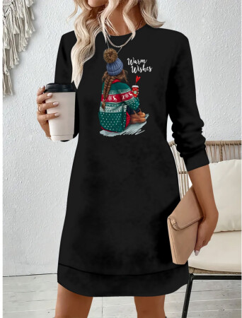 Kadın Uzun Kollu Bisiklet Yaka Desenli Viskon Iki Iplik Elbise - ANGELINO BuyukBedeniz