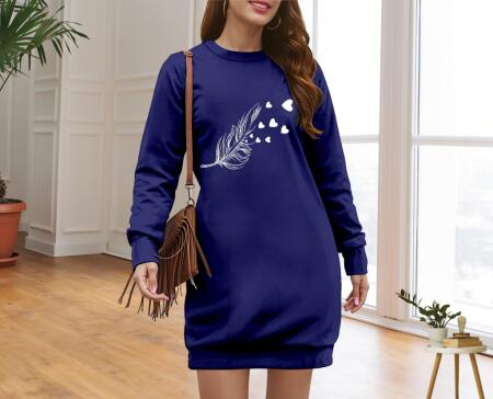 Kadın Uzun Kollu Bisiklet Yaka Desenli Viskon Iki Iplik Elbise - 3