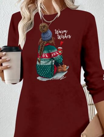 Kadın Uzun Kollu Bisiklet Yaka Desenli Viskon Iki Iplik Elbise - ANGELINO BuyukBedeniz (1)