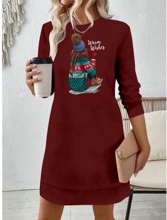 Kadın Uzun Kollu Bisiklet Yaka Desenli Viskon Iki Iplik Elbise - 3