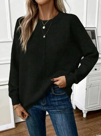 Kadın Uzun Kollu Bisiklet Yaka Düşük Omuz Detaylı Triko Bluz - ANGELINO BuyukBedeniz (1)