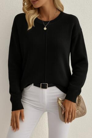 Kadın Uzun Kollu Bisiklet Yaka Düşük Omuz Detaylı Triko Bluz - ANGELINO BuyukBedeniz