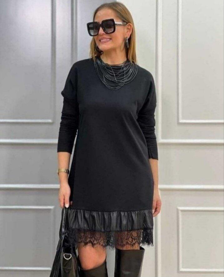 Kadın Uzun Kollu Bisiklet Yaka Etek Ucu Deri Dantelli Viskon Iki Iplik Midi Elbise - 1