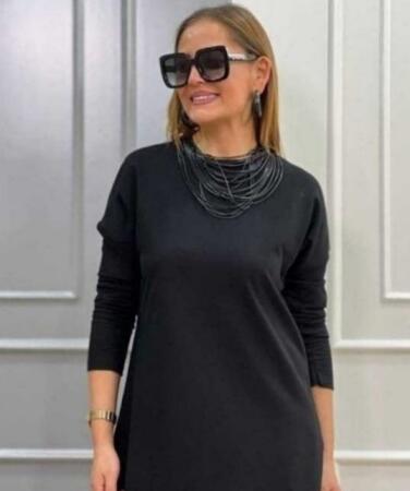 Kadın Uzun Kollu Bisiklet Yaka Etek Ucu Deri Dantelli Viskon Iki Iplik Midi Elbise - ANGELINO BuyukBedeniz (1)