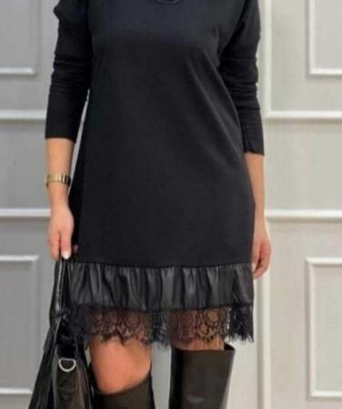 Kadın Uzun Kollu Bisiklet Yaka Etek Ucu Deri Dantelli Viskon Iki Iplik Midi Elbise - 3