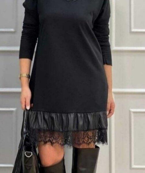 Kadın Uzun Kollu Bisiklet Yaka Etek Ucu Deri Dantelli Viskon Iki Iplik Midi Elbise - 3