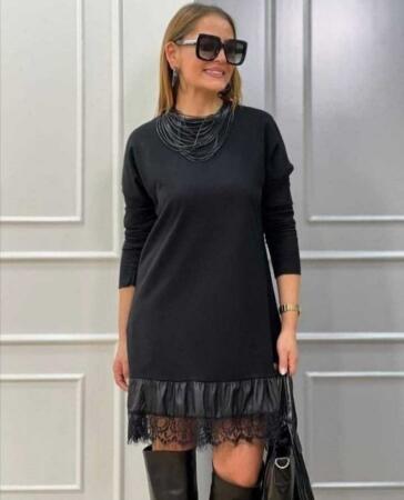 Kadın Uzun Kollu Bisiklet Yaka Etek Ucu Deri Dantelli Viskon Iki Iplik Midi Elbise - 4