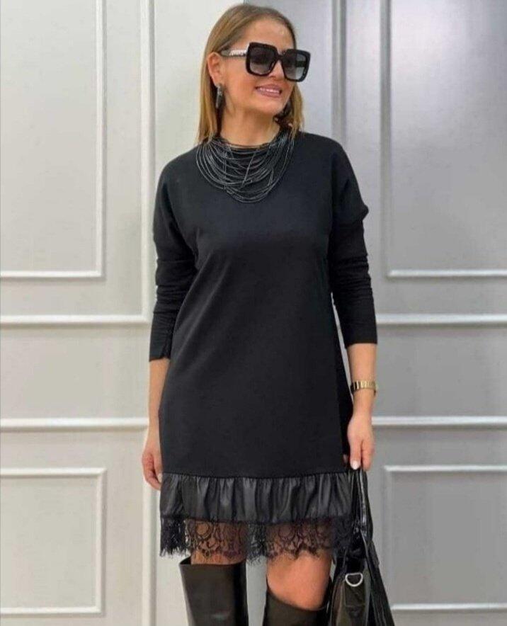 Kadın Uzun Kollu Bisiklet Yaka Etek Ucu Deri Dantelli Viskon Iki Iplik Midi Elbise - 4