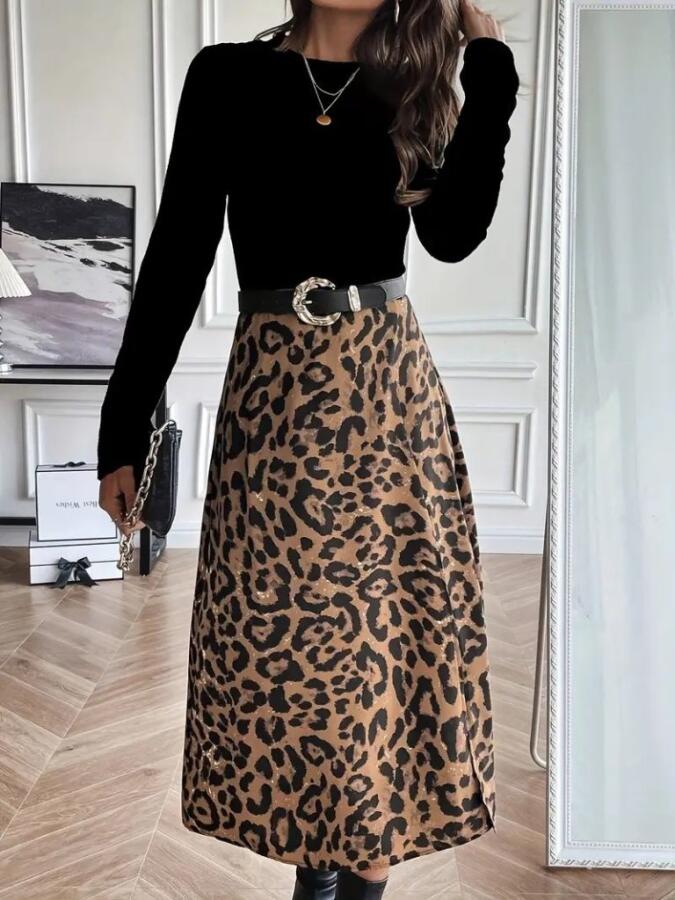 Kadın Uzun Kollu Bisiklet Yaka Ithal Krep Bluz Alt Desenli Modal Midi Elbise - 2