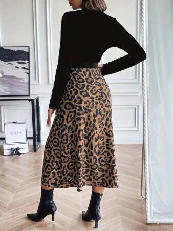 Kadın Uzun Kollu Bisiklet Yaka Ithal Krep Bluz Alt Desenli Modal Midi Elbise - 3