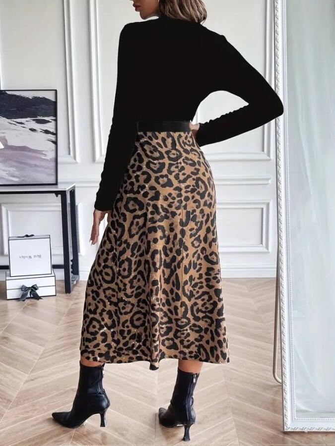 Kadın Uzun Kollu Bisiklet Yaka Ithal Krep Bluz Alt Desenli Modal Midi Elbise - 3