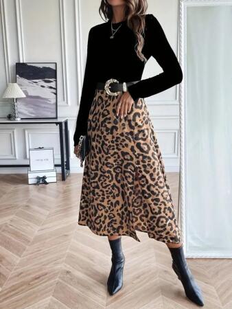 Kadın Uzun Kollu Bisiklet Yaka Ithal Krep Bluz Alt Desenli Modal Midi Elbise - 4