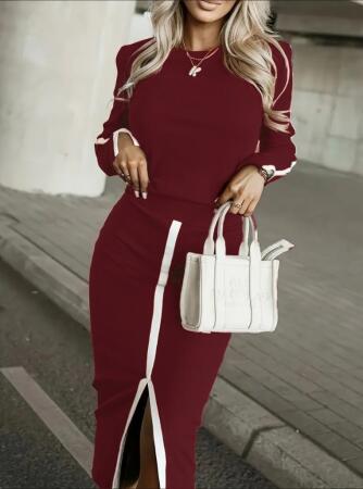 Kadın Uzun Kollu Bisiklet Yaka Kaşkorse Bluz Ve Yırtmaçlı Etek Ikili Takım - ANGELINO BuyukBedeniz