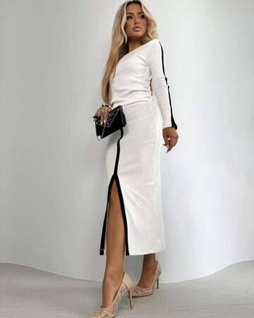 Kadın Uzun Kollu Bisiklet Yaka Kaşkorse Bluz Ve Yırtmaçlı Etek Ikili Takım - 3