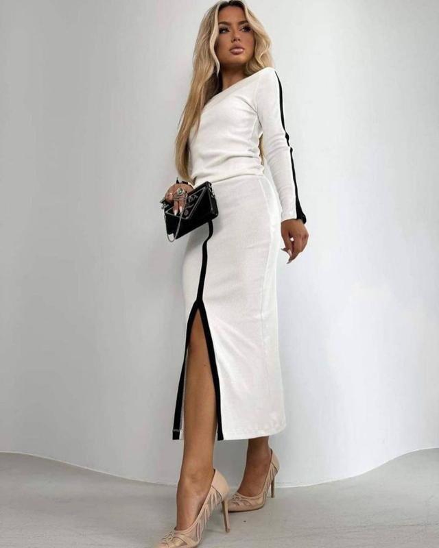 Kadın Uzun Kollu Bisiklet Yaka Kaşkorse Bluz Ve Yırtmaçlı Etek Ikili Takım - 3