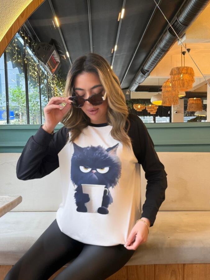 Kadın Uzun Kollu Bisiklet Yaka Kedi Baskılı şardonlu Dalgıç Bluz - 2