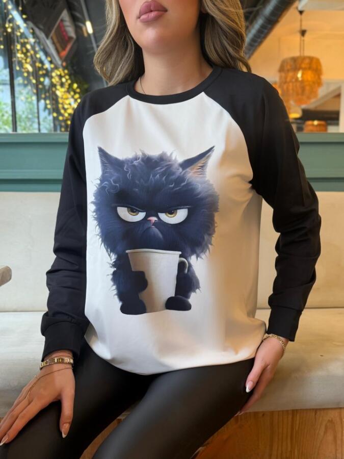 Kadın Uzun Kollu Bisiklet Yaka Kedi Baskılı şardonlu Dalgıç Bluz - 3
