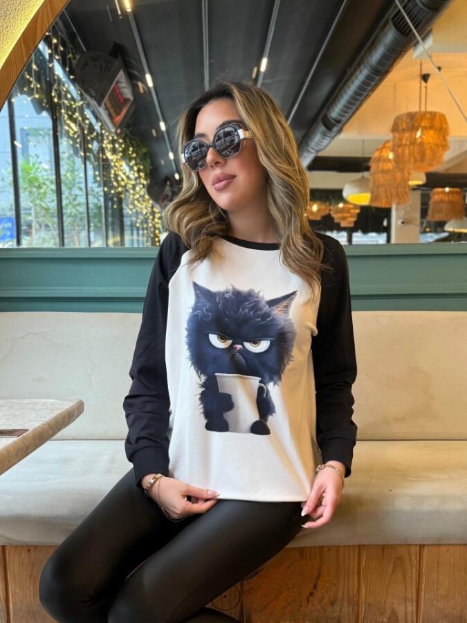Kadın Uzun Kollu Bisiklet Yaka Kedi Baskılı şardonlu Dalgıç Bluz - 4