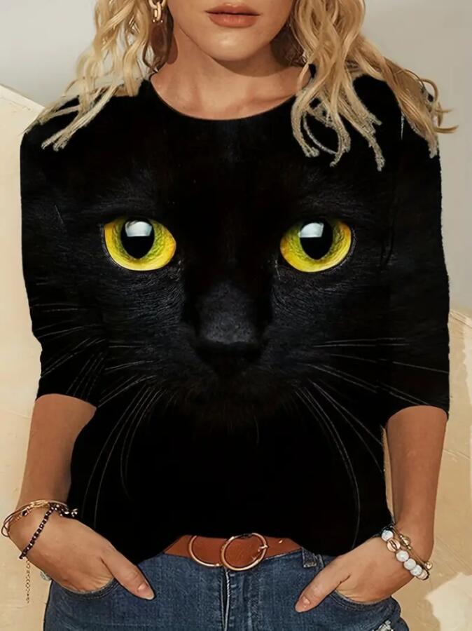 Kadın Uzun Kollu Bisiklet Yaka Kedi Desenli Süprem Bluz - 1