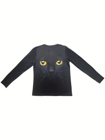 Kadın Uzun Kollu Bisiklet Yaka Kedi Desenli Süprem Bluz - 4