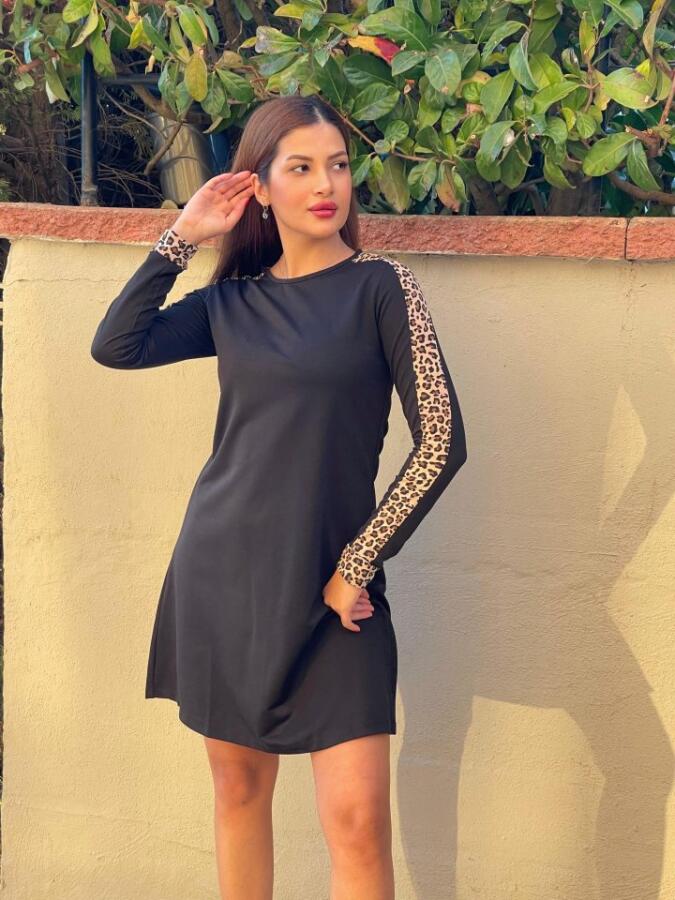 Kadın Uzun Kollu Bisiklet Yaka Kollar Leopar Detay Iki Iplik Mini Boy Elbise - 5